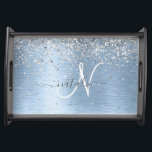 Blue Brushed Metall Silver Glitter Monogram Namn Frukostbricka<br><div class="desc">Anpassa enkelt trendigets chic som serverar brickor med söt silver mousserande glitter på blå,  borstad metallbakgrund.</div>