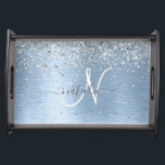 Blue Brushed Metall Silver Glitter Monogram Namn Frukostbricka<br><div class="desc">Anpassa enkelt trendigets chic som serverar brickor med söt silver mousserande glitter på blå,  borstad metallbakgrund.</div>