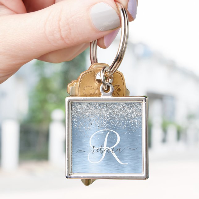 Blue Brushed Metall Silver Glitter Monogram Namn Fyrkantig Silverfärgad Nyckelring (Skapare uppladdad)