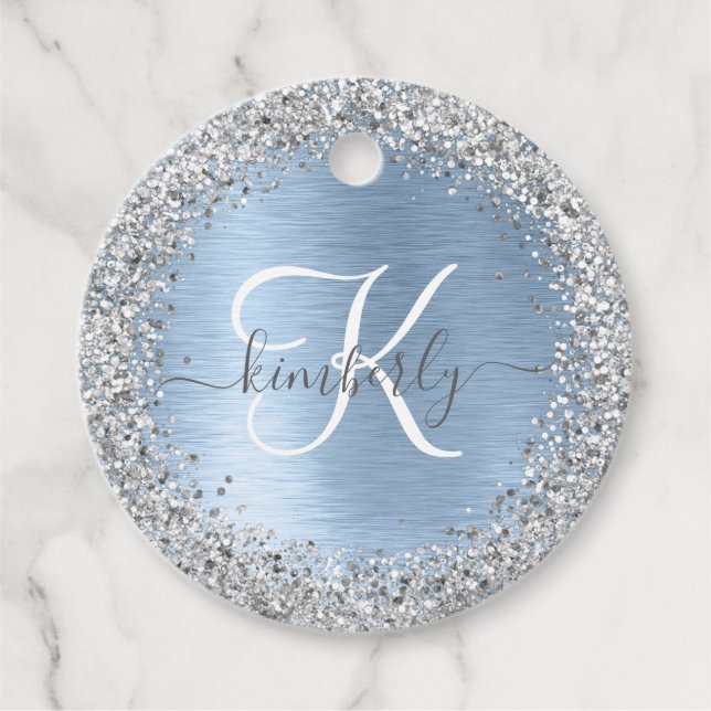 Blue Brushed Metall Silver Glitter Monogram Namn Gåvor Etiketter (Framsida)