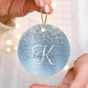 Blue Brushed Metall Silver Glitter Monogram Namn Julgransprydnad Keramik