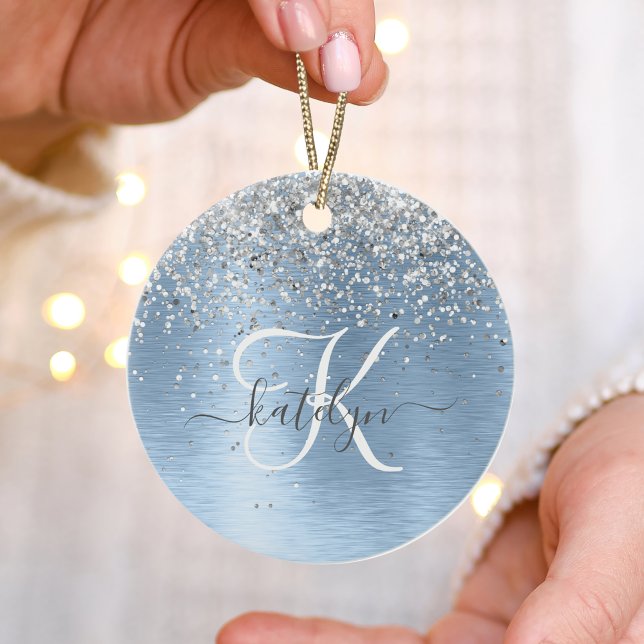 Blue Brushed Metall Silver Glitter Monogram Namn Julgransprydnad Keramik (Skapare uppladdad)