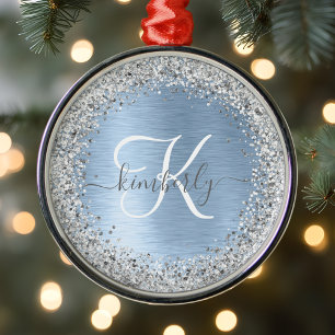 Blue Brushed Metall Silver Glitter Monogram Namn Julgransprydnad Metall