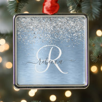 Blue Brushed Metall Silver Glitter Monogram Namn