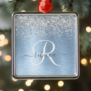Blue Brushed Metall Silver Glitter Monogram Namn Julgransprydnad Metall