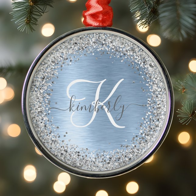 Blue Brushed Metall Silver Glitter Monogram Namn Julgransprydnad Metall (Skapare uppladdad)