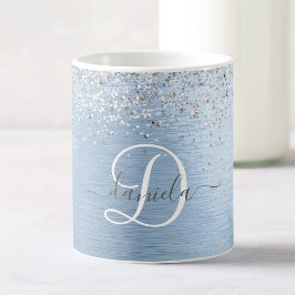 Blue Brushed Metall Silver Glitter Monogram Namn Kaffemugg