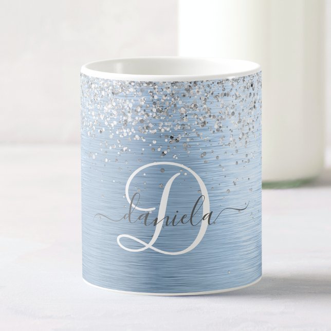 Blue Brushed Metall Silver Glitter Monogram Namn Kaffemugg (Skapare uppladdad)