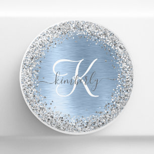 Blue Brushed Metall Silver Glitter Monogram Namn Knopp