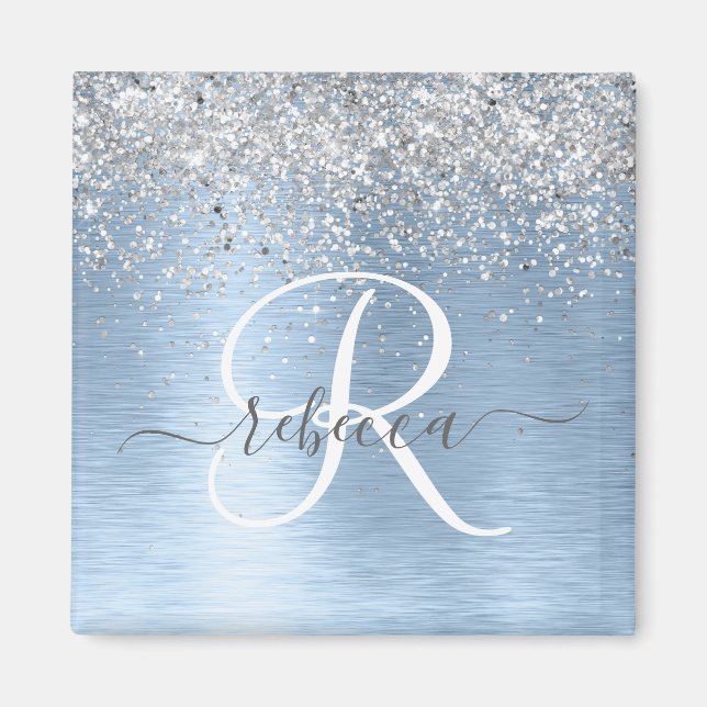 Blue Brushed Metall Silver Glitter Monogram Namn Magnet (Framsidan)
