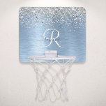 Blue Brushed Metall Silver Glitter Monogram Namn Mini-Basketkorg<br><div class="desc">Anpassa enkelt chicen av  i trendig med  av basket ring som ger söt silver mousserande glitter på en blå,  borstad metallbakgrund.</div>