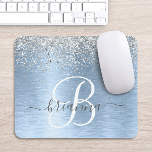 Blue Brushed Metall Silver Glitter Monogram Namn Musmatta