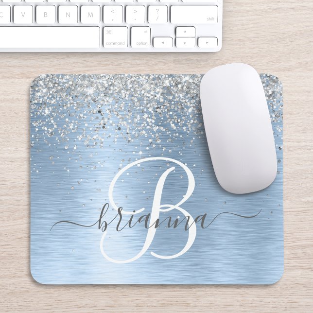 Blue Brushed Metall Silver Glitter Monogram Namn Musmatta (Skapare uppladdad)