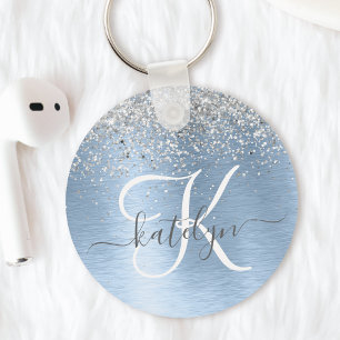 Blue Brushed Metall Silver Glitter Monogram Namn Nyckelring
