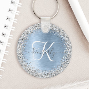 Blue Brushed Metall Silver Glitter Monogram Namn Nyckelring