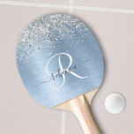 Blue Brushed Metall Silver Glitter Monogram Namn Pingisracket<br><div class="desc">Anpassa enkelt trendigets chic pingpongpadlar med söt silver mousserande glitter på blå,  borstad metallbakgrund.</div>
