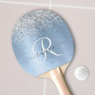 Blue Brushed Metall Silver Glitter Monogram Namn Pingisracket