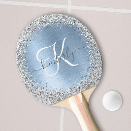 Blue Brushed Metall Silver Glitter Monogram Namn Pingisracket