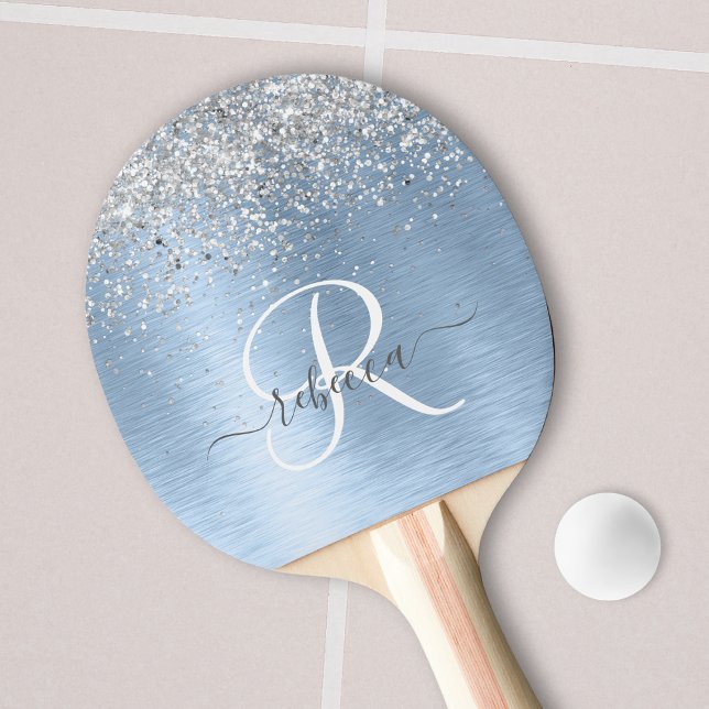 Blue Brushed Metall Silver Glitter Monogram Namn Pingisracket (Skapare uppladdad)