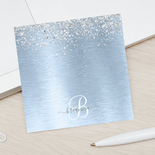 Blue Brushed Metall Silver Glitter Monogram Namn Post-it Block
