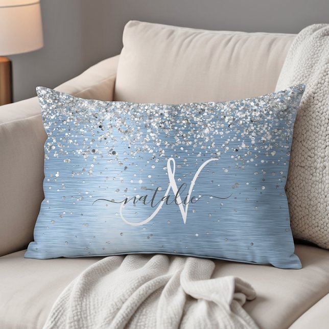 Blue Brushed Metall Silver Glitter Monogram Namn Prydnadskudde (Skapare uppladdad)