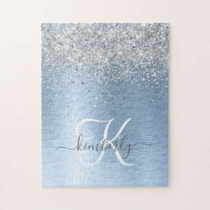 Blue Brushed Metall Silver Glitter Monogram Namn Pussel
