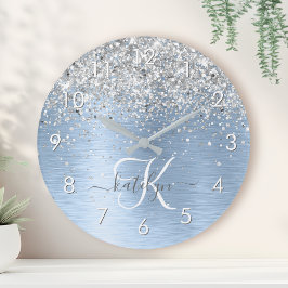 Blue Brushed Metall Silver Glitter Monogram Namn Rund Klocka