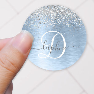 Blue Brushed Metall Silver Glitter Monogram Namn Runt Klistermärke
