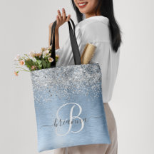 Blue Brushed Metall Silver Glitter Monogram Namn