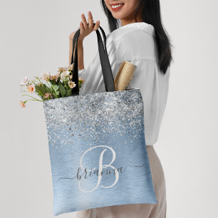 Blue Brushed Metall Silver Glitter Monogram Namn Tygkasse