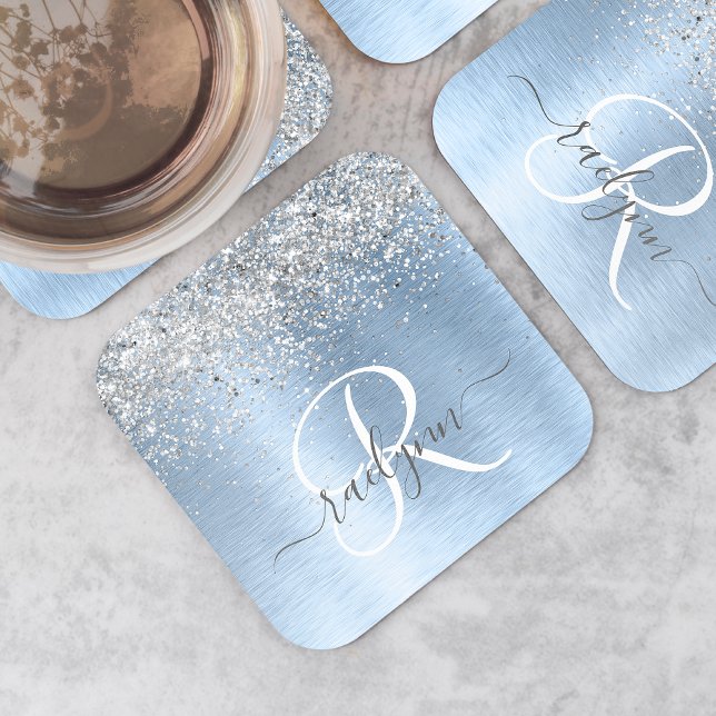 Blue Brushed Metall Silver Glitter Monogram Namn Underlägg Papper Kvadrat (Skapare uppladdad)