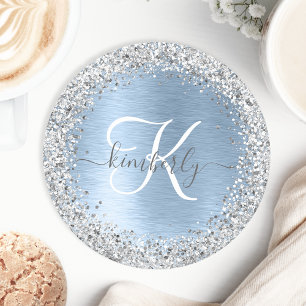 Blue Brushed Metall Silver Glitter Monogram Namn Underlägg Papper Rund