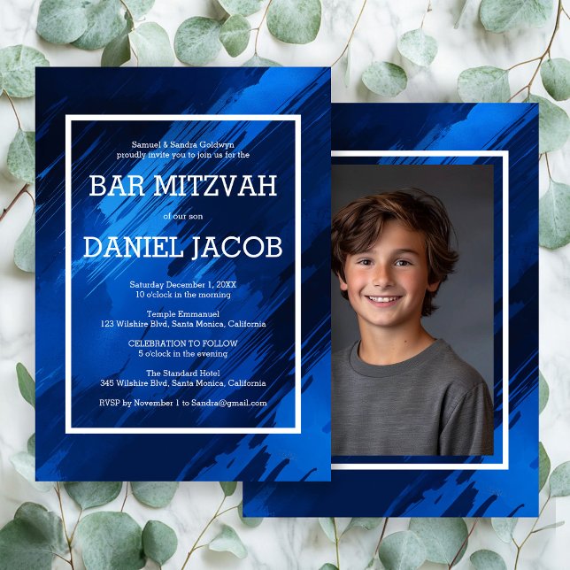 Blue Brushstrokes Anpassningsbar Photo PUB BAT MIT Inbjudningar (Blue Brushstrokes Custom Photo BAR BAT MITZVAH Invitation
)