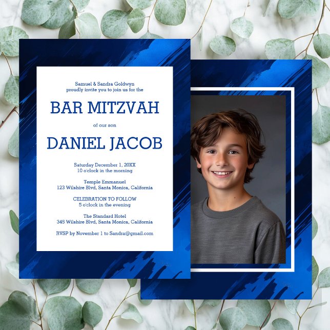 Blue Brushstrokes Anpassningsbar Photo PUB BAT MIT Inbjudningar (Blue Brushstrokes Custom Photo BAR BAT MITZVAH Invitation
)