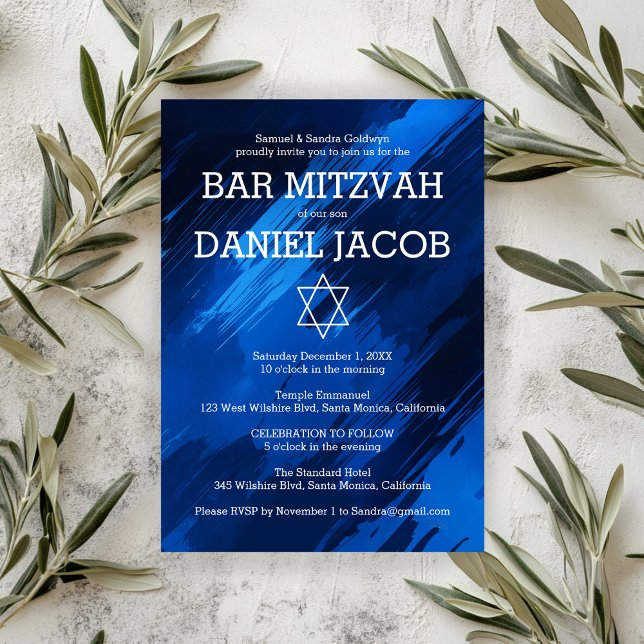 Blue Brushstrokes Star Anpassningsbar PUB BAT MITZ Inbjudningar (Blue Brushstrokes Star Custom BAR BAT MITZVAH Invitation
)