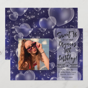 Blue Bubble Hearts Cute Girly 90's Födelsedagsfest Inbjudningar