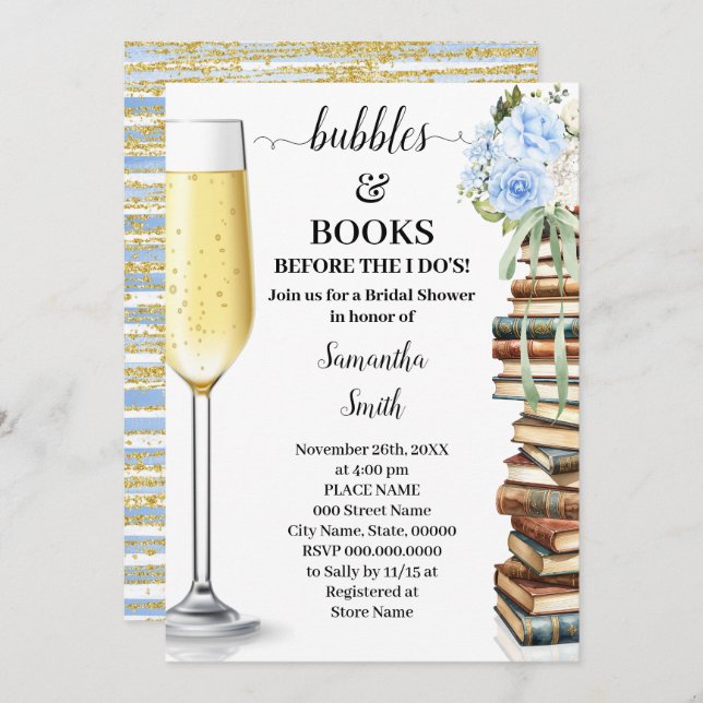 Blue Bubbles & Books Before I do Bridal Shower Inbjudningar (Fram/baksida)