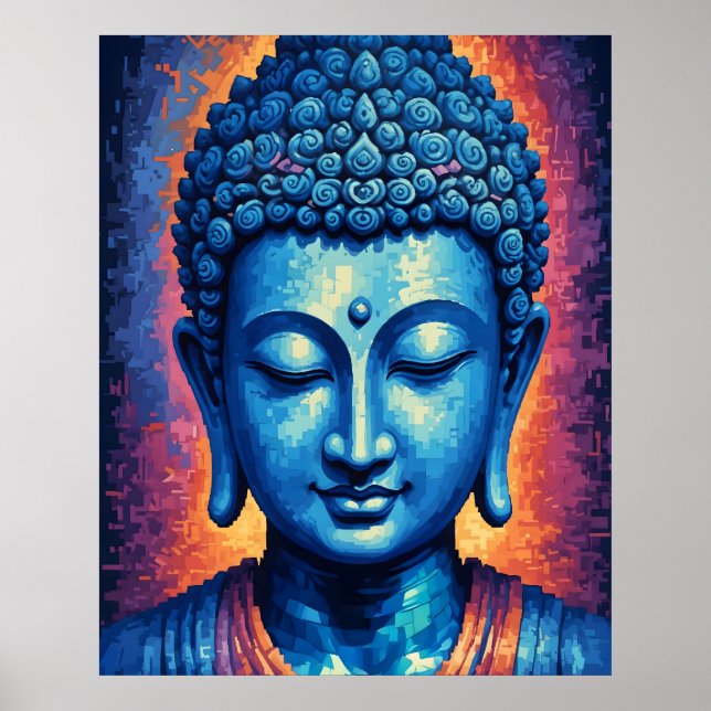 Blue Buddha Modern Abstrakt Pixel Art Poster (Framsidan)