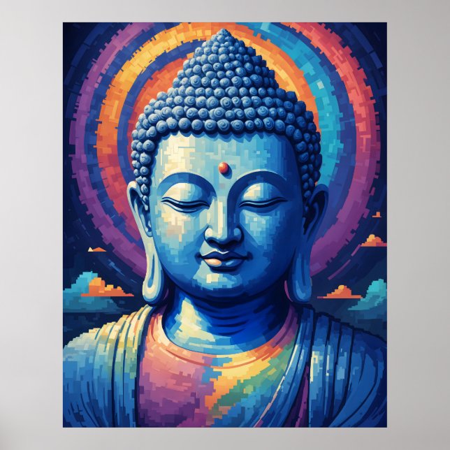 Blue Buddha Multi-Färg Modern Pixel Art Poster (Framsidan)