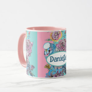 Blue Budgie Bird Ro Blommigt Rosa Aqua Girls Namn Mugg