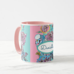 Blue Budgie Bird Ro Blommigt Rosa Aqua Mugg