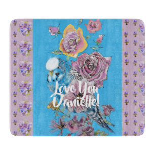 Blue Budgie blommigt blommor Glass Chopping Board