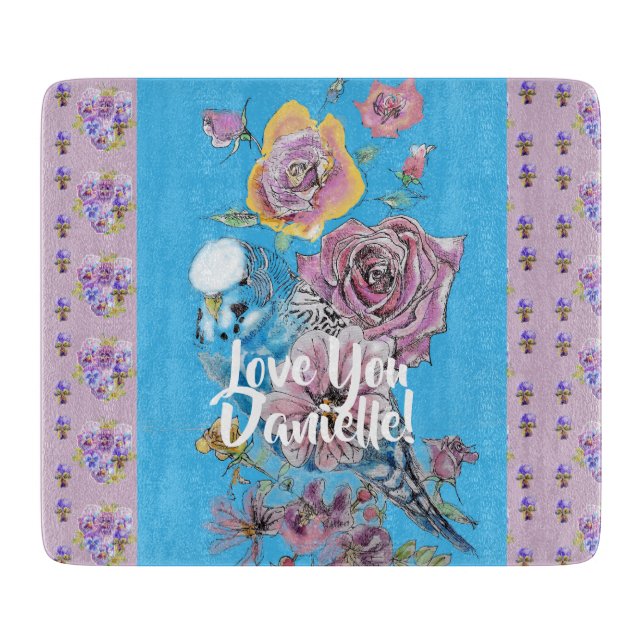 Blue Budgie blommigt blommor Glass Chopping Board (Framsidan)