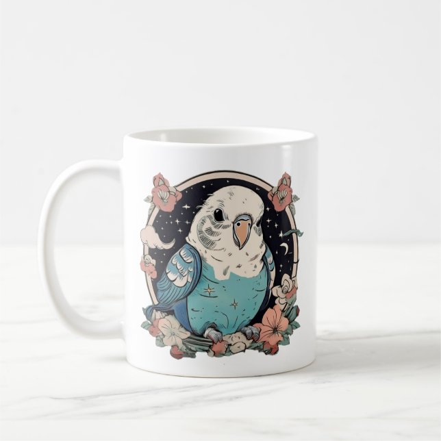 Blue Budgie Blommigt Print Mugg | Elegant Bird Äls (Vänster)