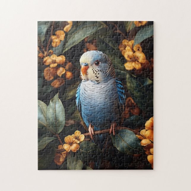 Blue Budgie Budgerigar Gula blommor Pussel (Vertikal)