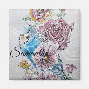 Blue Budgie Budgies Ro Flower blommigt Magnet