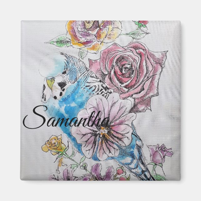 Blue Budgie Budgies Ro Flower blommigt Magnet (Framsidan)