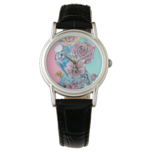 Blue Budgie Budgies Ro Flower blommigt Nyckelring Armbandsur
