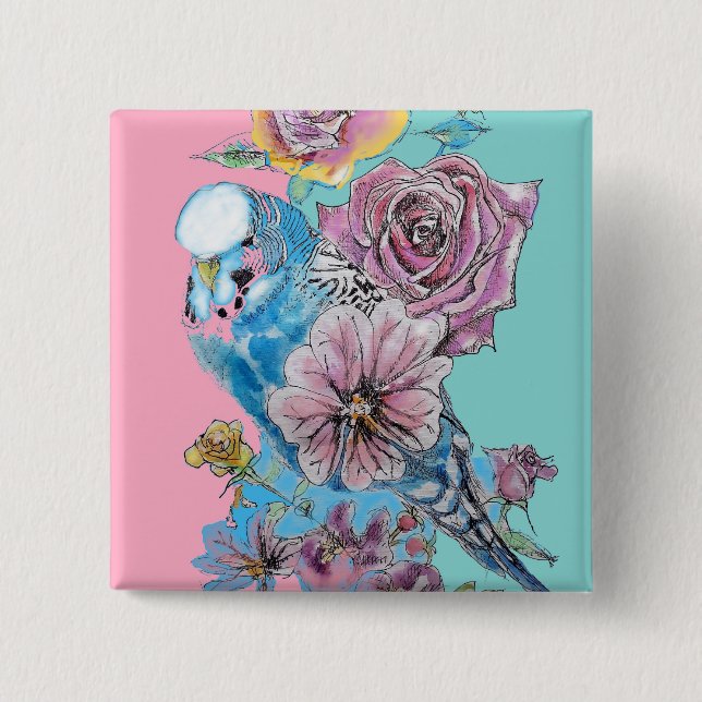 Blue Budgie Budgies Ro Flower blommigt Nyckelring Knapp (Framsida)