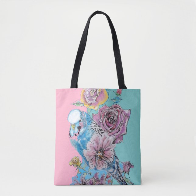 Blue Budgie Budgies Ro Flower blommigt Tote Bag Tygkasse (Framsida)